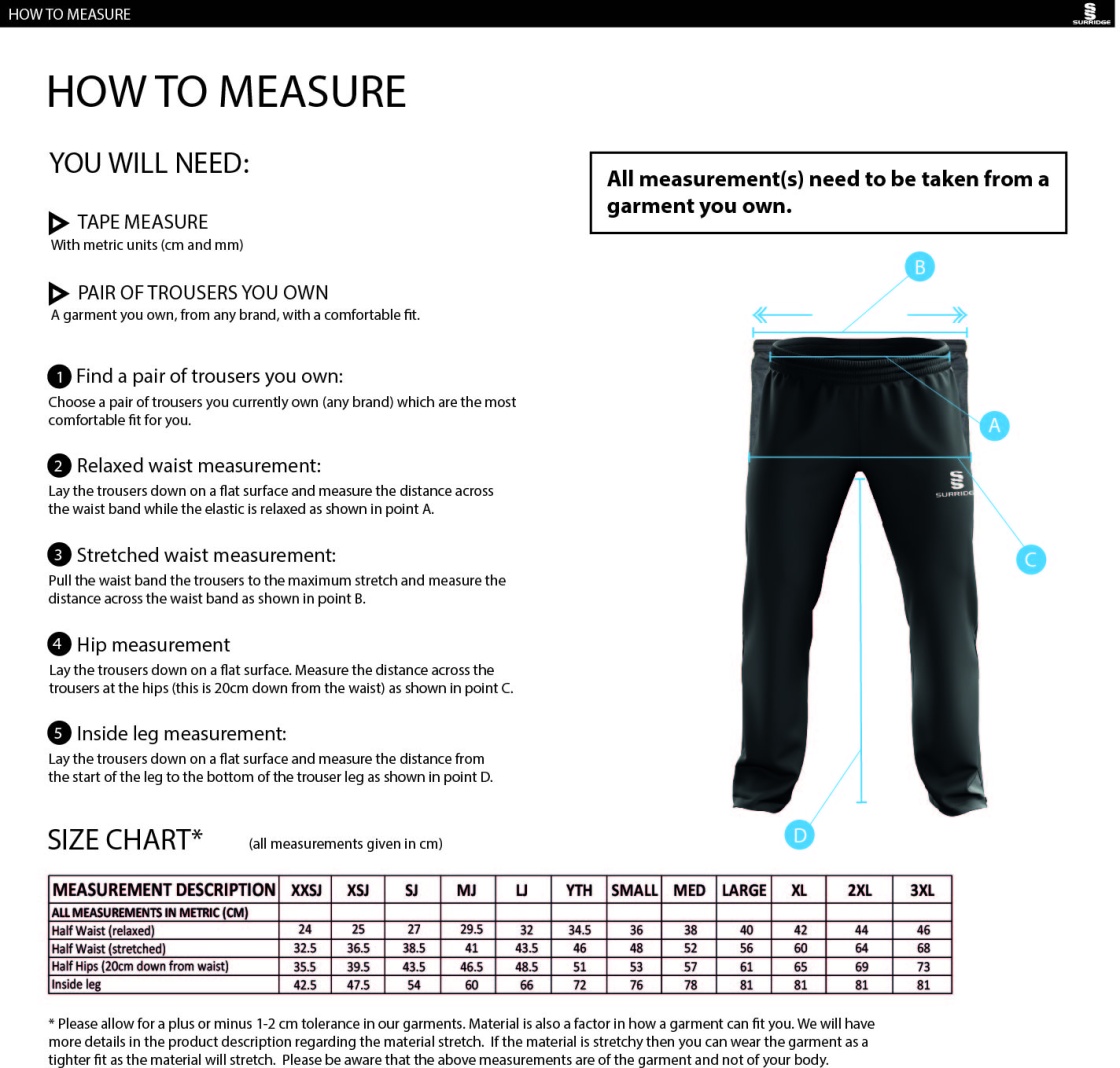 DMU Sport - Dual Poplin Track Pant with Lycra - Unisex Fit - Size Guide