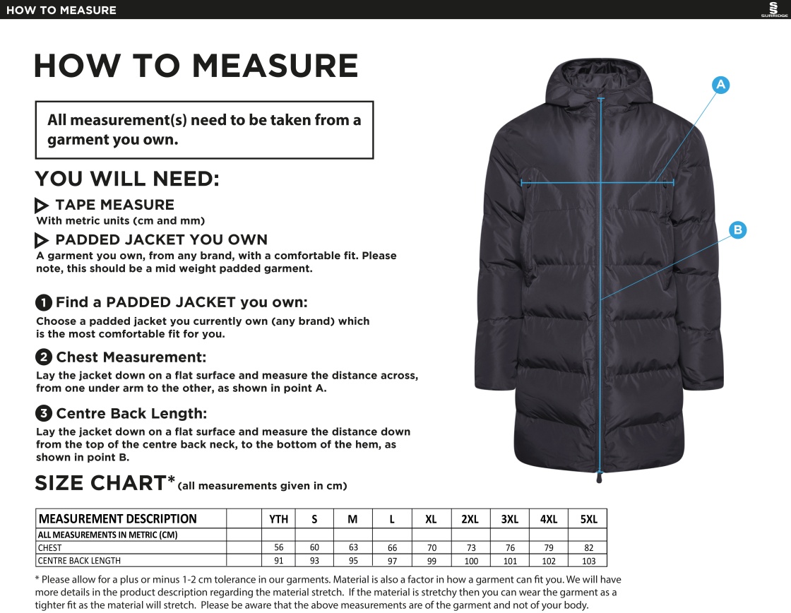 DMU Sport - Active Long Padded Jacket - Unisex Fit - Size Guide
