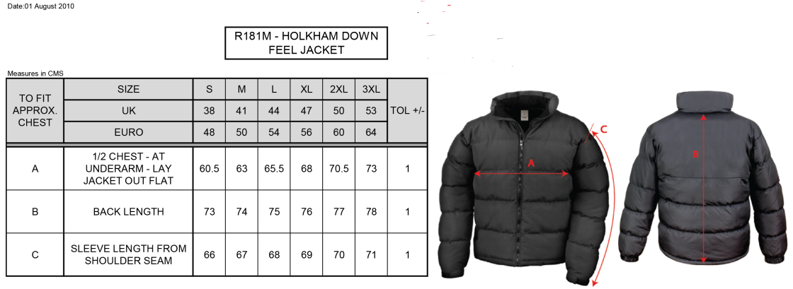 DMU Sport - Holkham Down Feel Jacket - Unisex Fit - Size Guide