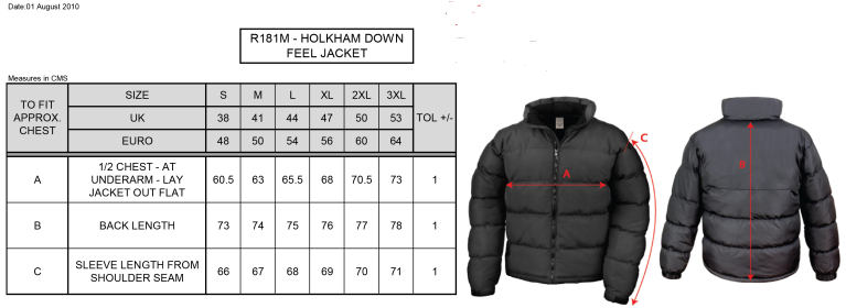 DMU Sport - Holkham Down Feel Jacket - Unisex Fit - Size Guide