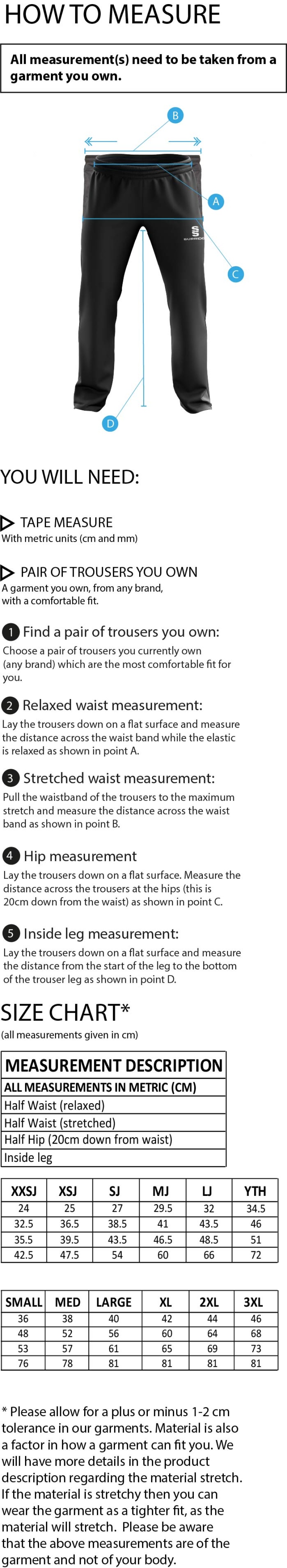 DMU Sport - Dual Poplin Track Pant with Lycra - Unisex Fit - Size Guide