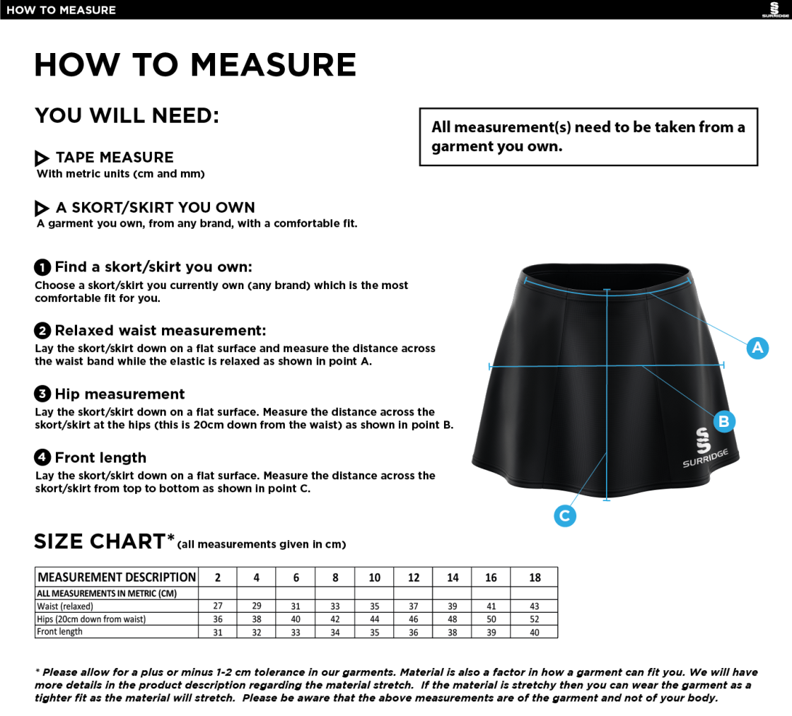 DMU Sport - Skort - Women's Fit - Size Guide