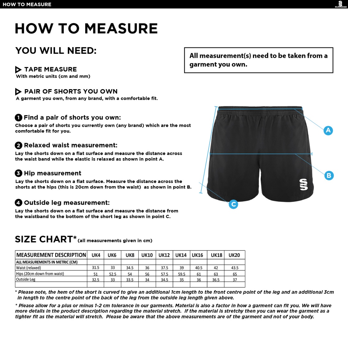 DMU Sport - Performance Gym Short - Women's Fit - Size Guide