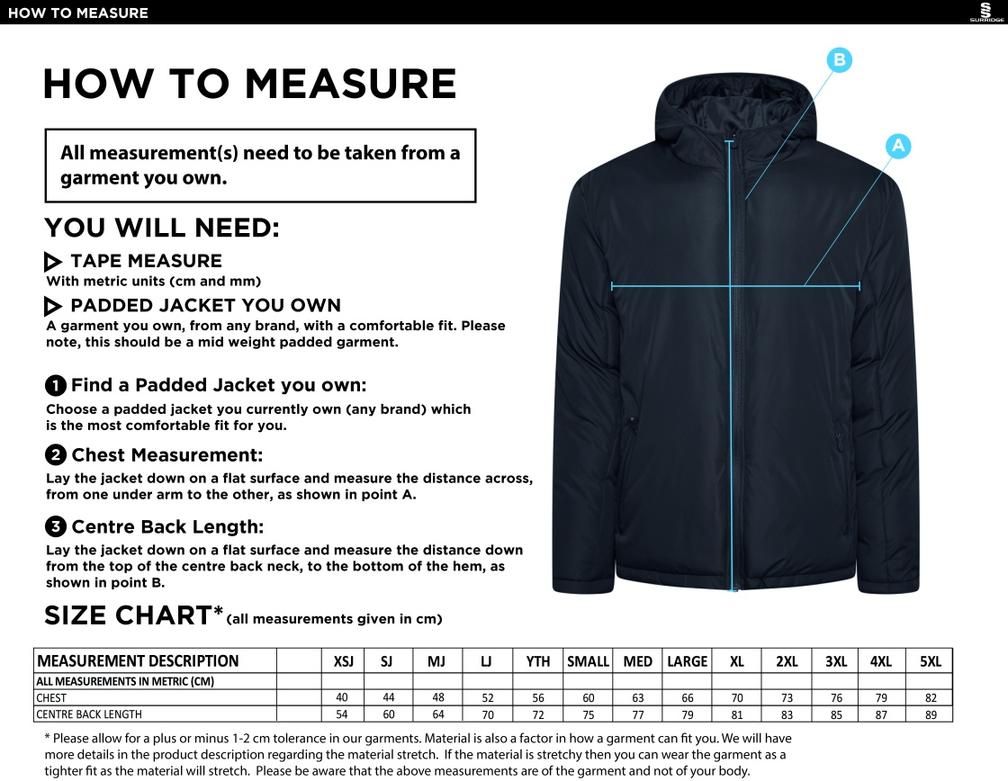 DMU Sport - Active Padded Jacket - Unisex Fit - Size Guide