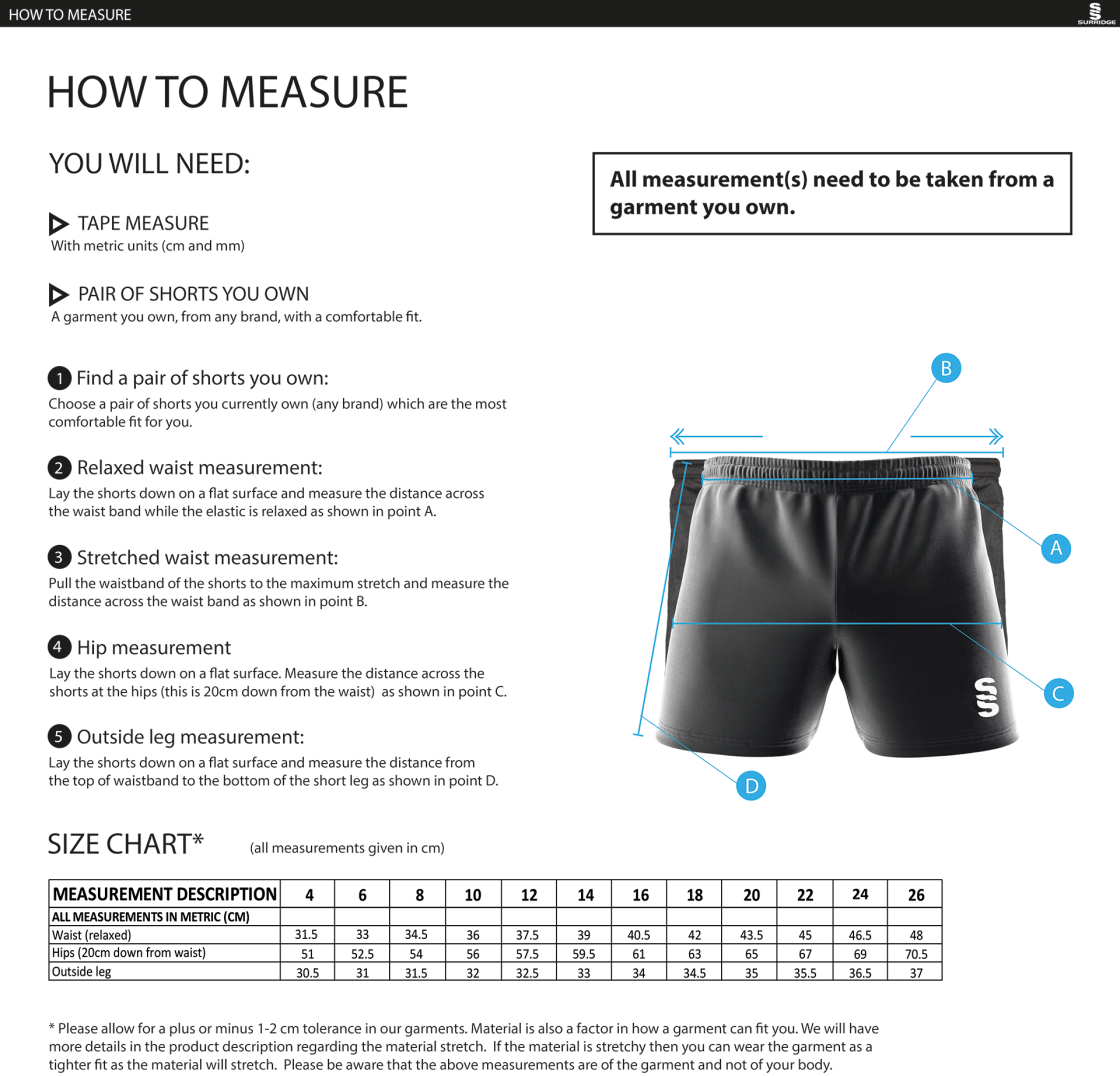 DMU Sport - Match Short - Women's Fit - Size Guide