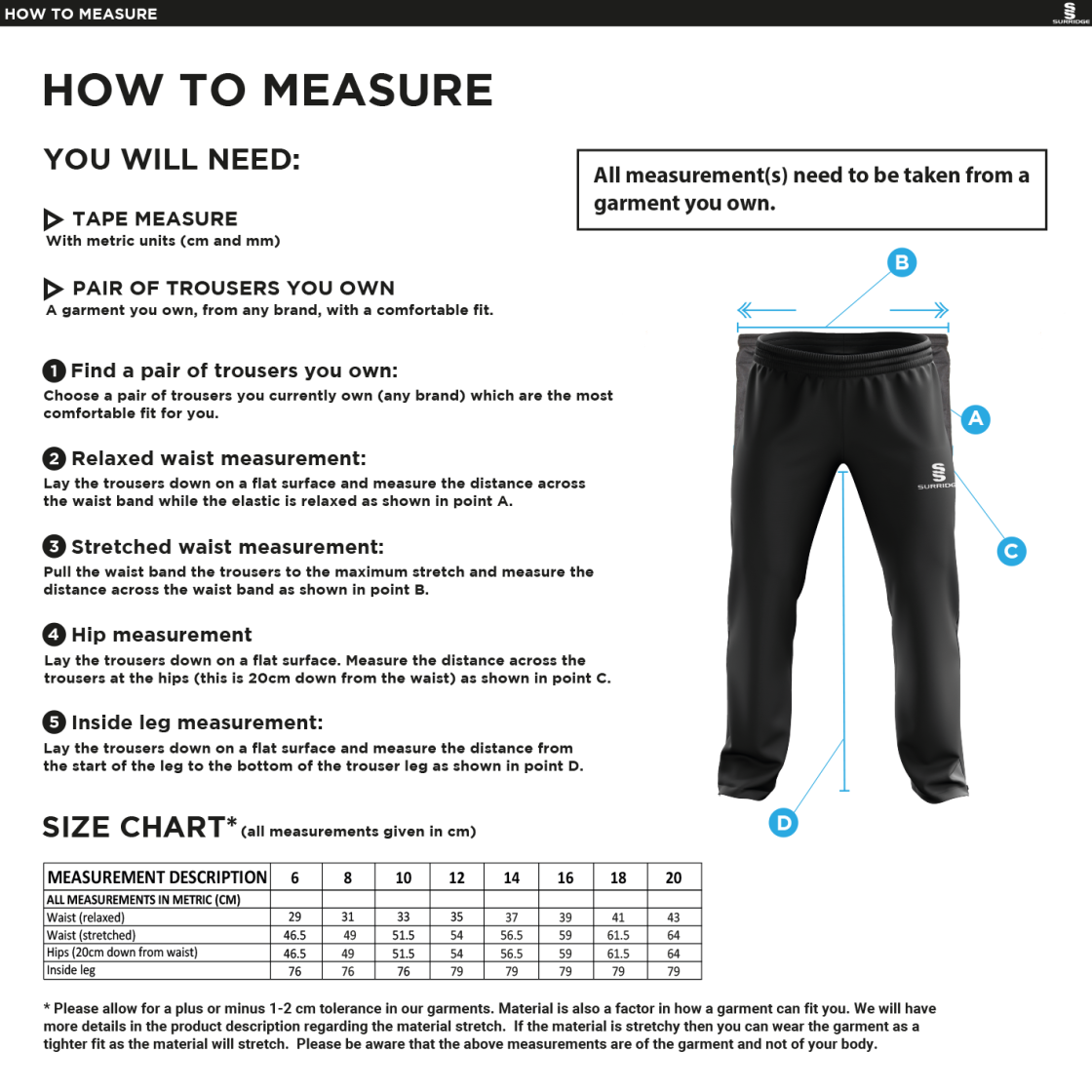 DMU Sport - Dual Poplin Track Pant with Lycra - Women's Fit - Size Guide