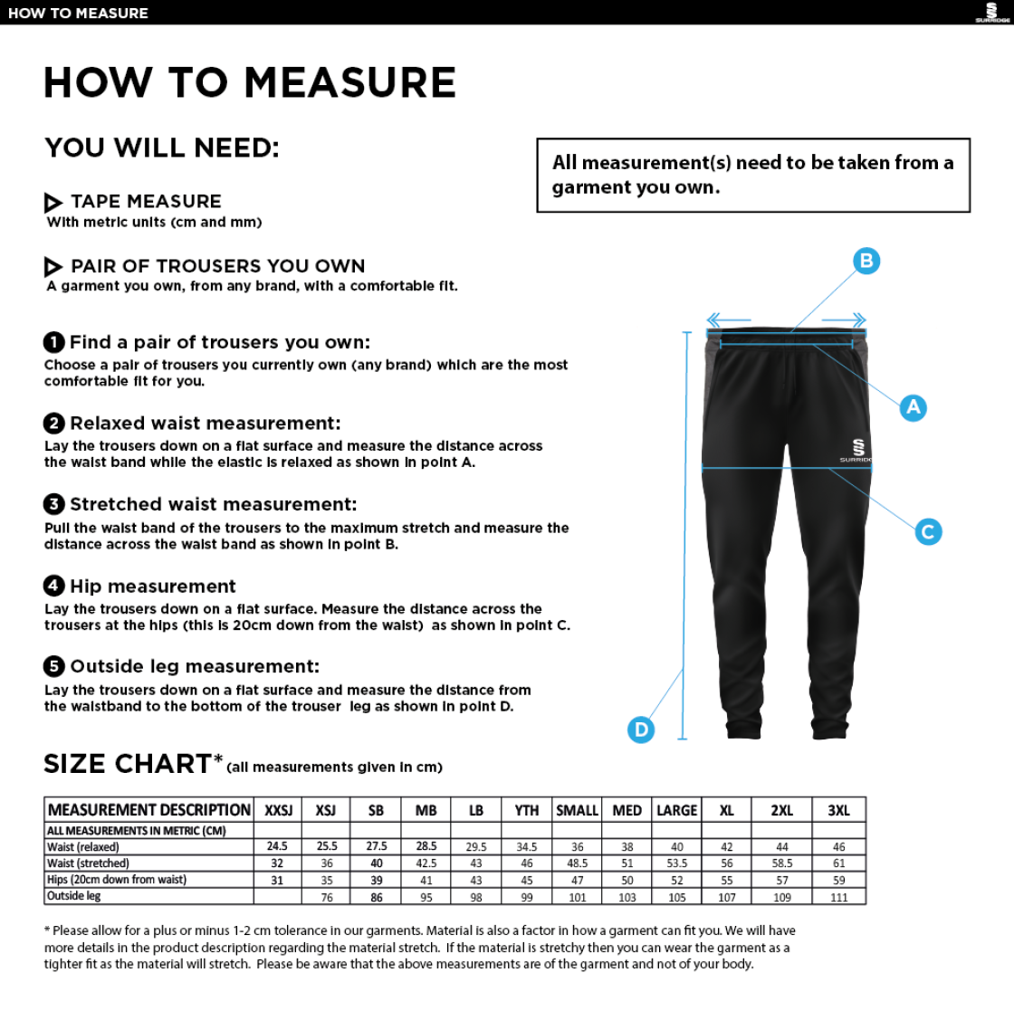 DMU Sport - Tek Slim Training Pants - Unisex Fit - Size Guide