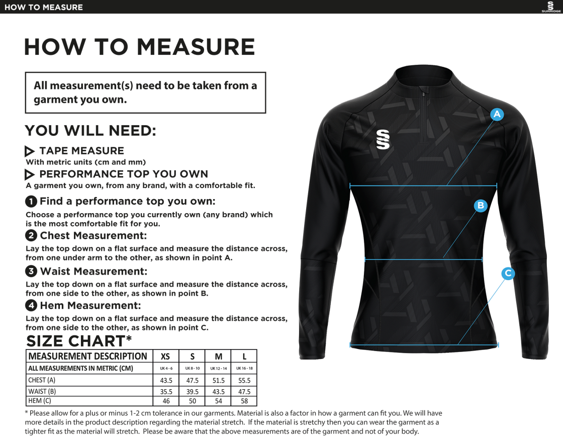 DMU Sport - Impact 1/4 Zip Performance Top - Women's Fit - Size Guide