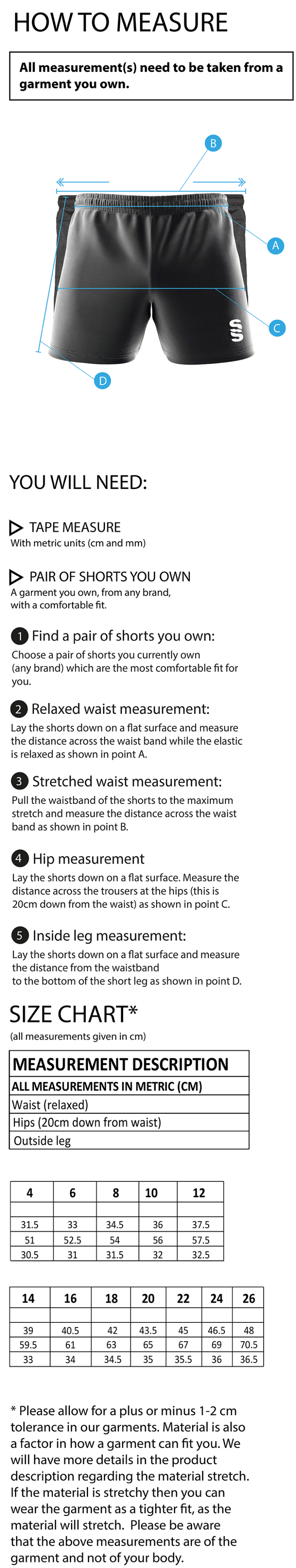 DMU Sport - Match Short - Women's Fit - Size Guide