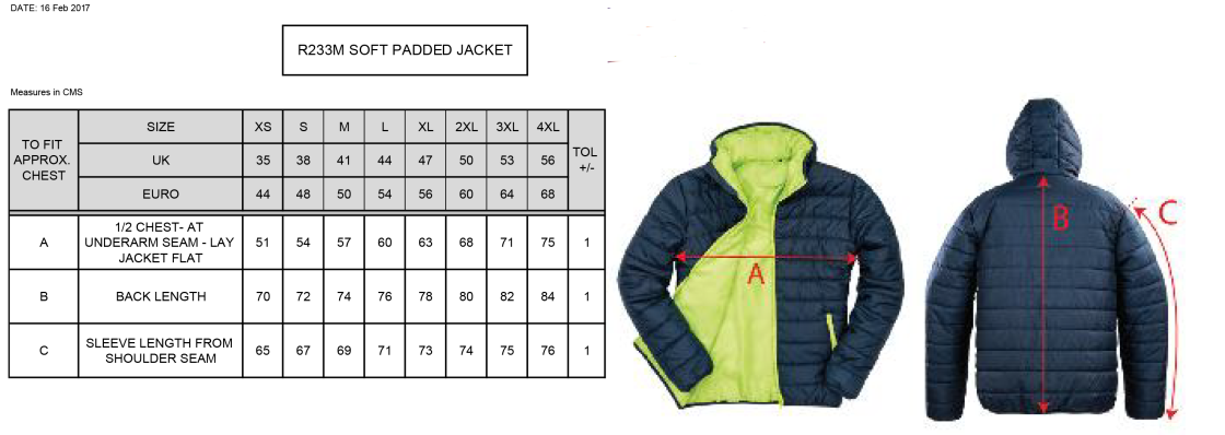 DMU Sport - Supersoft Padded Jacket - Unisex Fit - Size Guide